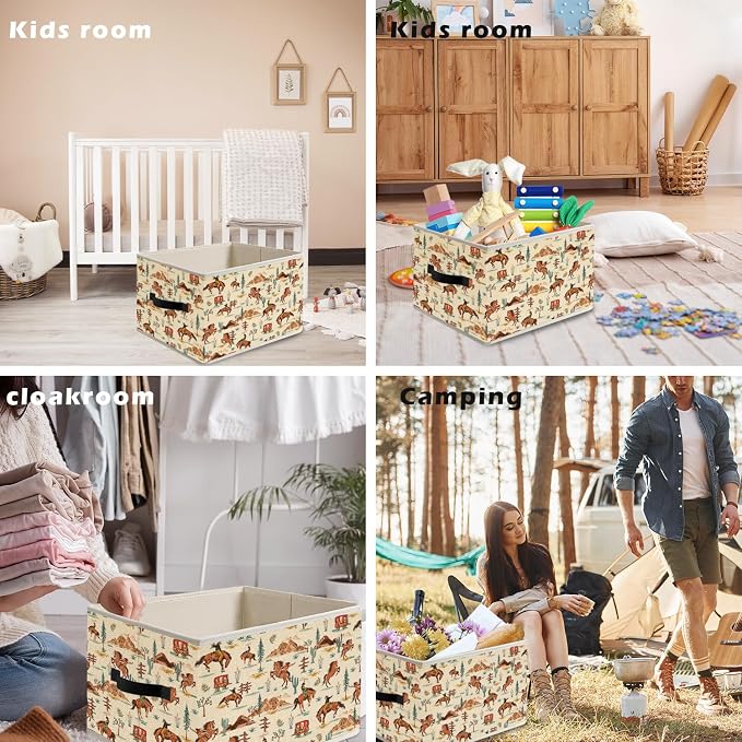 Boho Western Cowboy Storage Bin Box with Handles, Neutral Beige Desert Cactus Horse Foldable Organizer Basket Toybox for Home Kids Bedroom Bathroom Clothes Toys Books