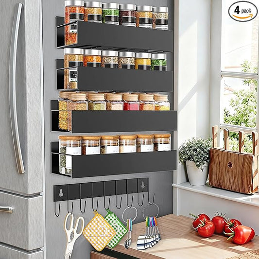 SMRCAD Magnetic Spice Rack for Refrigerator Seasoning Organizer for Spice Fridge Shelf storage Magnetic Shelf with Hook for Oven (BLACK, 5pack)