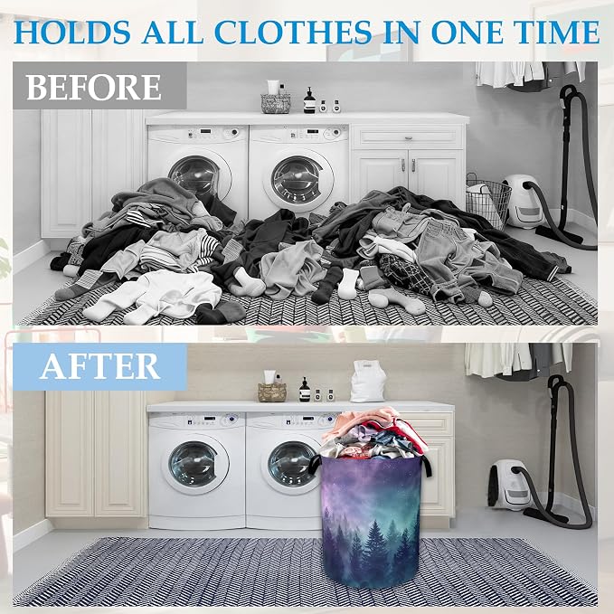 Starry Sky Forest Large Storage Basket Collapsible Laundry Basket Oxford Storage Bin for Gift Baskets Bedroom Clothes Hamper 16" X 20.8"