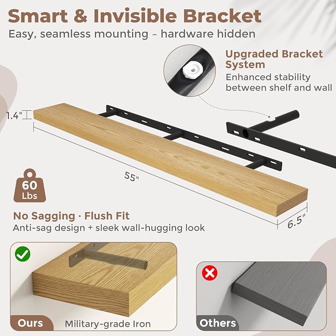 FLYJOE 55 Inch Floating Shelves for Wall Set of 2, 6.5" D Wood Grain Bathroom Shelves with Invisible Brackets, Easy Install Engineered Wood Storage Shelves for Kitchen, Living Room, Bedroom
