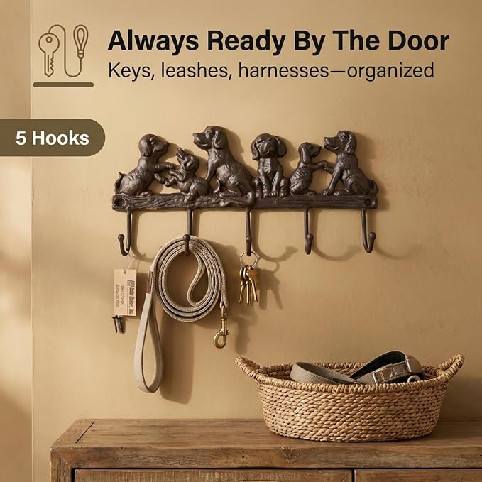 Lulu Decor Cast Iron 5 Dog Key Hooks, Ideal for Dog Lovers Heavy Duty Hooks, Decorative Hooks - Wall Mount Leash Holder for Wall Storage - Stylish Key Holder (Antique Black)