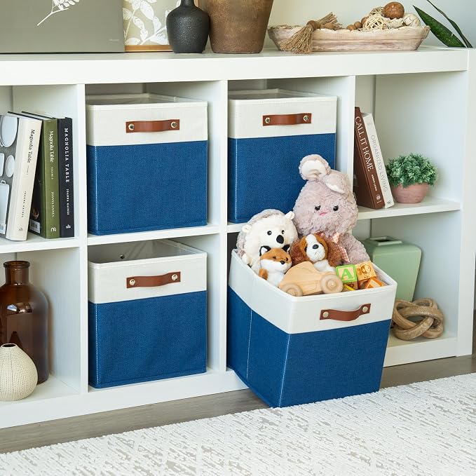 OrganiHaus 11x11 Cube Storage Bins, Set of 4 - Fabric Storage Cubes | Sturdy, holds its shape; odor-free; fits ClosetMaid 11-inch shelves; vegan leather handles