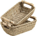 StorageWorks Small Baskets for Shelf, Seagrass Woven Basket with Wooden Handles for Gifts, 2-Pack