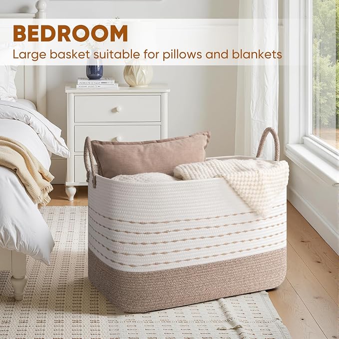 OIASKET XXL Large Blanket Basket for Living Room, 108L Woven Storage Baskets for Organizing, Rectangle Cotton Rope Basket Toy Chest With Handles--Brown & White