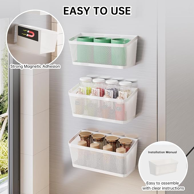 2Pcs Magnetic Spice Rack for Fridge Magnet Hanging Basket Holder for Seasonings Fruit Vegetables Coffee Beans Magnetic Organizer Shelf, Kitchen Refrigerator Organizers