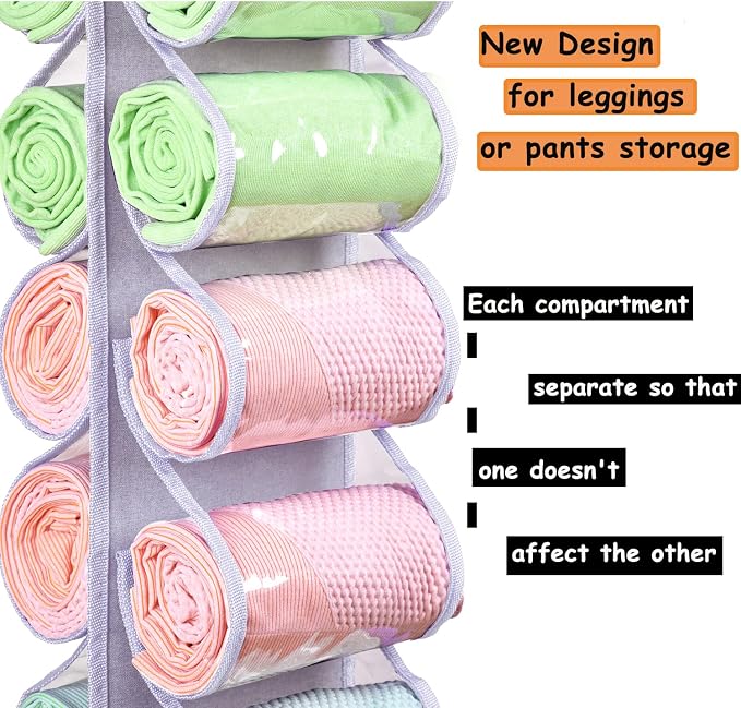 Legging Storage Bag Storage Hanger Can Holds 24 Leggings or Shirts Jeans Compartment Storage Hanger, Foldable Leggings Organizer Clothes Portable Closets Roll Holder (Light Purple)