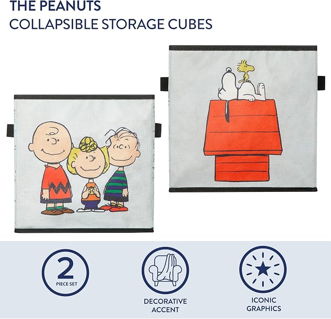 Idea Nuova Storage Cubes for Kids,2 Pack Collapsible Fabric Bins with Handles, Organizer Boxes for Bedroom, Playroom & Nursery,Peanuts