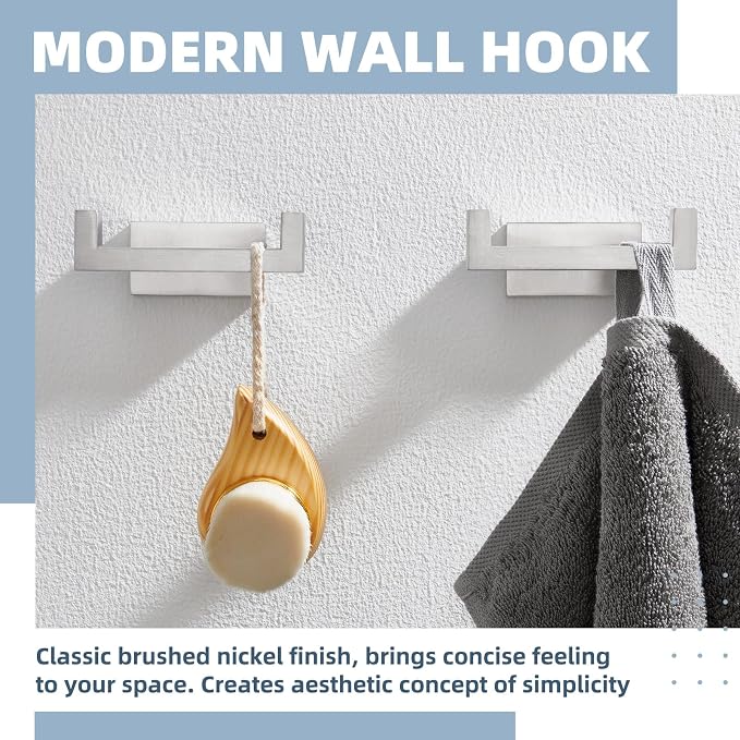 APLusee Double Bath Towel Hook 2 Pack, 304 Stainless Steel Square Dual Coat Holder, Modern Bathroom Kitchen Storage Hanger Wall Mounted, Brushed Nickel