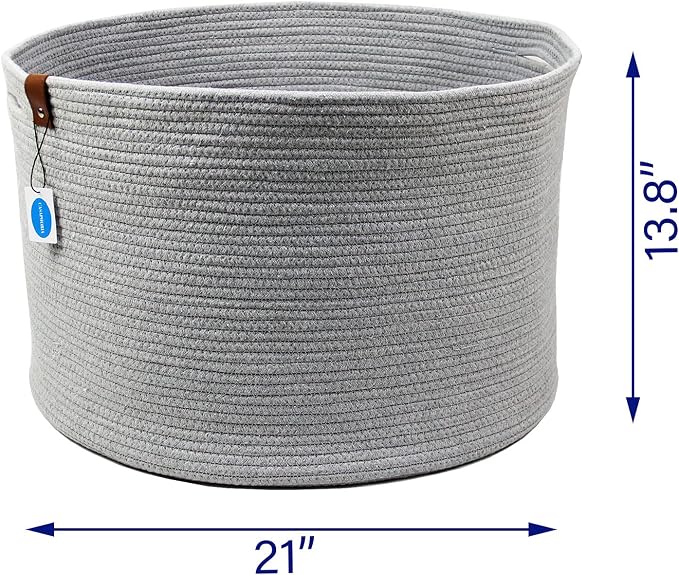 Casaphoria XXXLarge Cotton Rope Basket for Living Room - Woven Storage Basket with Handle for Blankets, Towels and Pillows Laundry Hamper | Dark Grey (21" x 21" x 13.8")
