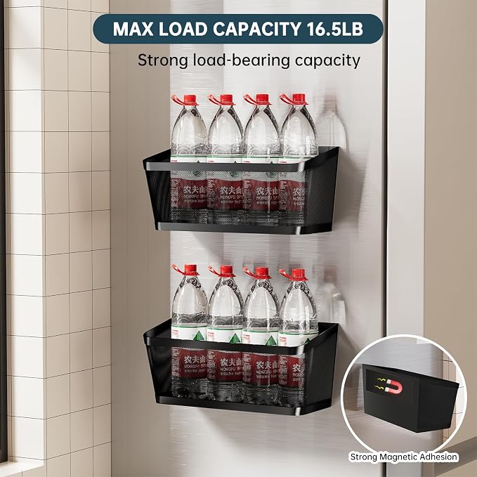 2Pcs Magnetic Spice Rack for Fridge Magnet Hanging Basket Holder for Seasonings Fruit Vegetables Coffee Beans Magnetic Organizer Shelf, Kitchen Refrigerator Organizers (Black - Extra Large)