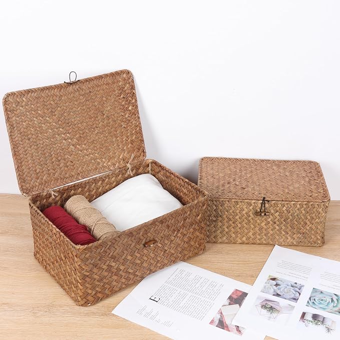 FEIALNDUO Wicker Shelf Baskets with Lid,Seagrass Storage Basket Bins Rectangular Handwoven Basket Boxes for Shelves Desktop Home Organizer (Coffee, Large)