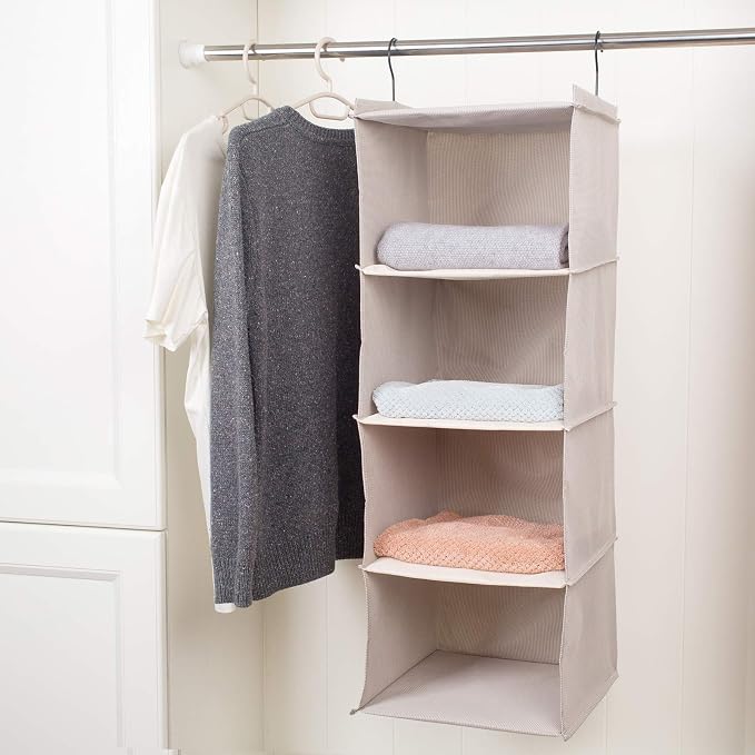 Hanging Closet Organizer 4-Tier, Oxford Wardrobe Storage, Beige Houndstooth | Easy-mount foldable design holds clothes, handbags, shoes & accessories; washable Oxford fabric, sturdy and space-saving.