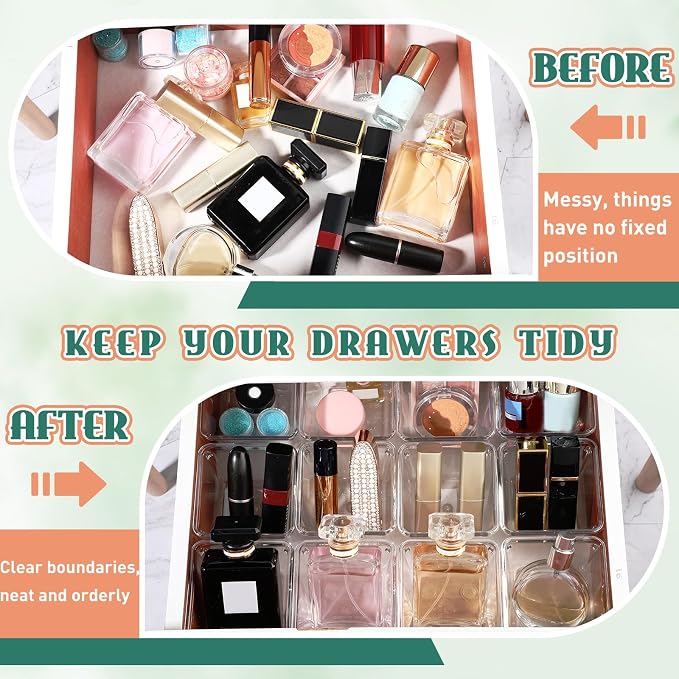 Tioncy 24 Pcs Stackable Clear Drawer Organizer Set 3" x 3" x 2" Small Makeup Vanity Storage Bins Office Desk Drawer Dividers Container Organization for Makeup Vanity Office Bathroom Kitchen Utensil