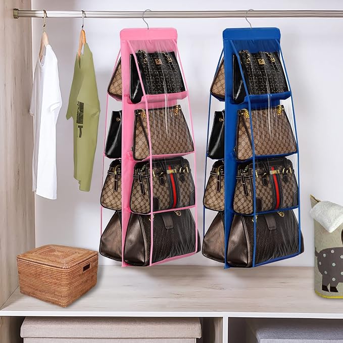 Lirex 2-Pack Handbag Hanging Purse Organizer for Closet, 8 Pocket Handbag Storage Organizer Hanger Oxford Cloth Closet Organizer for Family Closet Bedroom, Foldable and Universal Fit, Blue