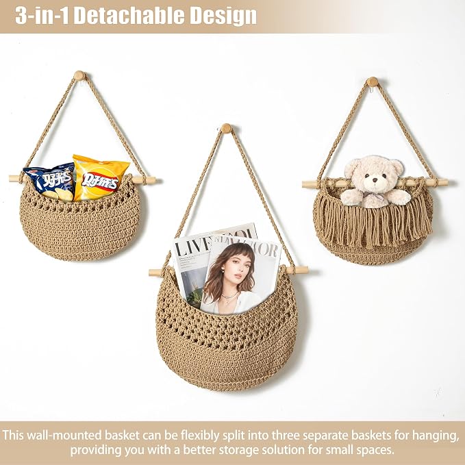 Halidali 3 Tier Hanging Fruit Baskets for Kitchen, Boho Cotton Rope Handwoven Vegetable Hammock Produce Storage Wall Mounted Large Organizing Basket for Farmhouse Decor, Onion, Potato (Linen)