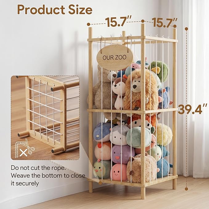 Brelley Stuffed Animal Storage Wood Toy Storage Organizer | Montessori Educational Materials Toy Chest Stuffed animal holder for Kids Nursery Playroom Bedroom