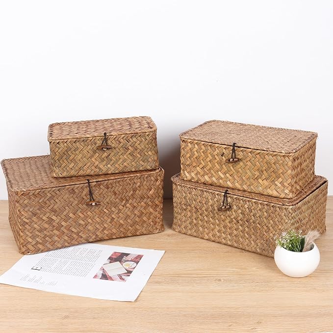 FEIALNDUO Wicker Shelf Baskets with Lid,Seagrass Storage Basket Bins Rectangular Handwoven Basket Boxes for Shelves Desktop Home Organizer (Coffee, Large)