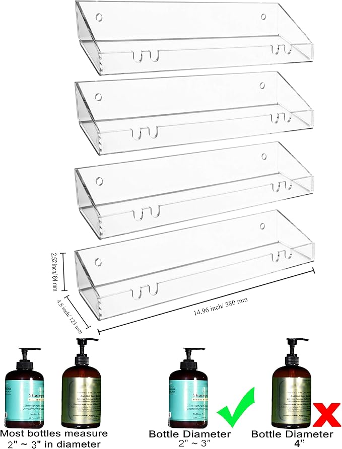 AMT 4 Pack Acrylic Floating Shelves, 15"L x 4.8"W, Clear Bathroom Wall Shelves, Bookshelves, Invisible Shelf For Office, Bedroom, Kitchen, Design with Hanging Slots for Sponge, Free Screws & Drill Bit