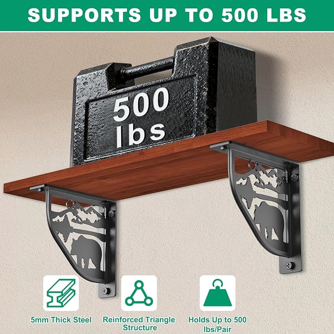 SELEWARE Black Heavy Duty Shelf Brackets, L 8" x H 8" x W 2" Wall Mount Decorative Shelving Brackets, 1/5" Thick Metal L Brackets with Mounting Hardware for DIY Floating Shelf (Bear, 2 Pack)