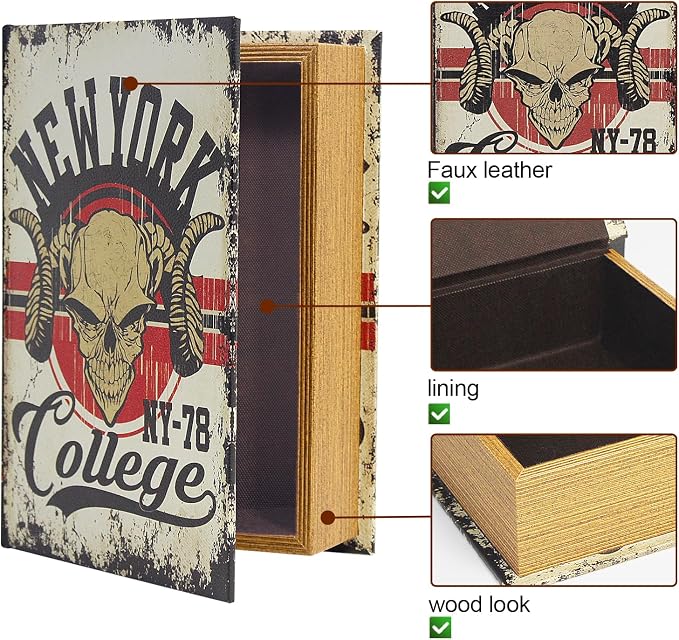 PACOLO Decorative Book Boxes, Faux Wood cover Storage for Hidden Jewelry, Money, and Cash (New York College)