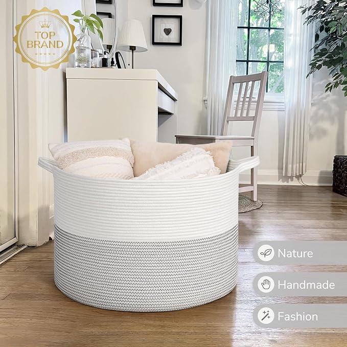 INDRESSME 115L Extra Large Blanket Basket, Cotton Rope Toy Baskets Storage Kids Toy Bin for Playroom Decor Woven Baby Laundry Basket for Organizing, Black Stitch