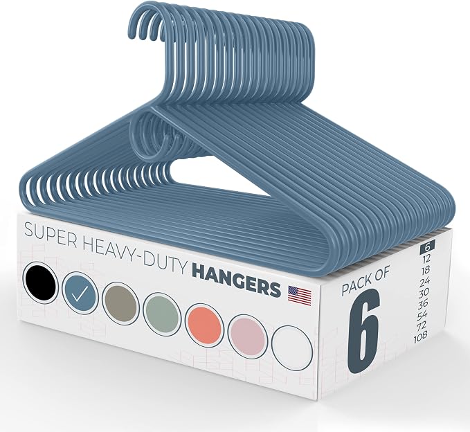 Super Heavy Duty Clothes Hangers 6 Pack – Made in the USA - 10lb Capacity, Thick Plastic Hangers for Pants, Coats, Jackets, Jeans and Adult Clothing – Blue