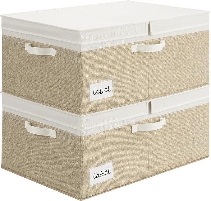 GRANNY SAYS Decorative Storage Boxes with Lid, Large Storage Bins with Double-Open Lid, Storage Basket for Clothes, 63L Closet Linen Storage Bin, White/Khaki, 2-Pack