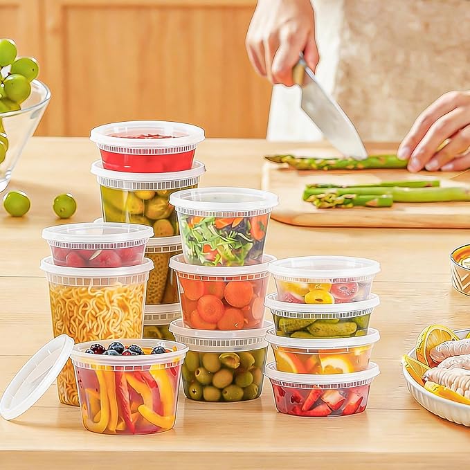 BYSNOW 60 Sets Deli Containers with Lids, 32/16/8 oz X 20 Set Each, Leak-Proof & BPA Free Airtight Stackable Takeout Plastic Food Storage Containers, Freezer/Microwave/Dishwasher Safe