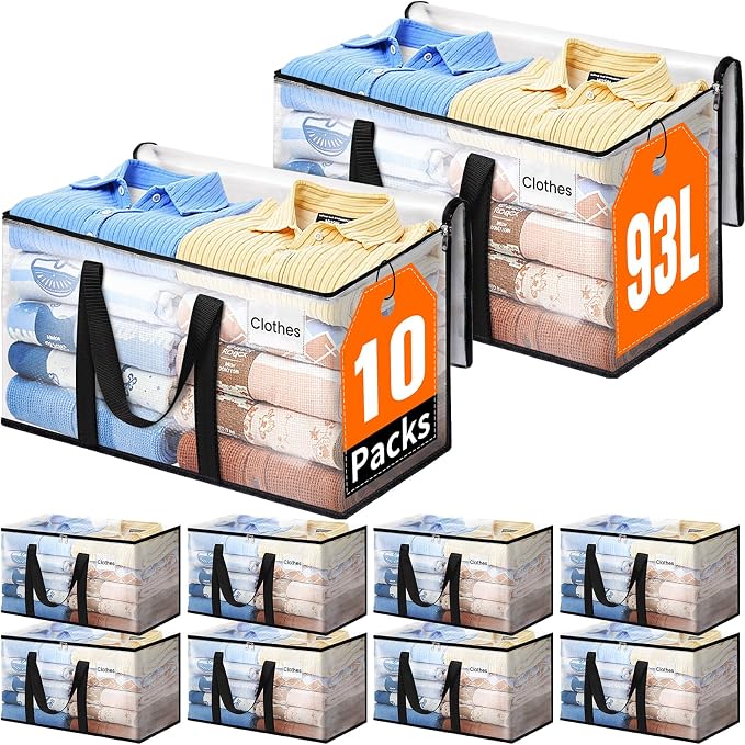 Extra Large Heavy Duty Moving Bags, Storage Bags with Strong Zippers & Handles, Packing Bags for Moving Essentials, Ideal Storage Tote for Home, Dorm & Storage Solutions, 93L-10 Packs, Clear