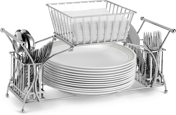Sorbus Utensil Caddy — Use For Napkin, Cutlery, Plate Holder — Stackable Flatware Caddy, Tabletop Organizer — Ideal for Dining Table, Party, Buffet, Kitchen, Entertaining (Silver)