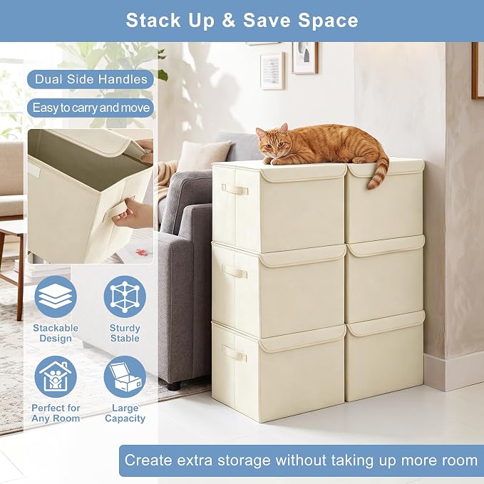 Bagnizer Large 42 Quarts Collapsible Stackable Storage Bins Cube with Lids [3-Pack] Foldable Fabric Linen Storage Boxes, Closet Organizer Baskets with Label for Home (16.7 x 12 x 12, Beige)