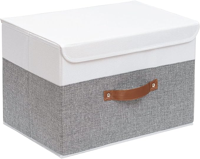Yawinhe Storage Boxes with Lids, Linen Fabric Bin, Cube Organizer Basket, Washable and Leather Handle, for Home, Closet, White/Grey, 15.0''Lx9.8''Wx9.8''H, 1-Pack, USNK024WGL-1