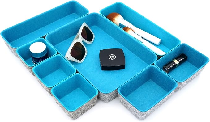 Welaxy Minimalist Felt Desk Drawer Organizer 8pc Turquoise Storage Bins