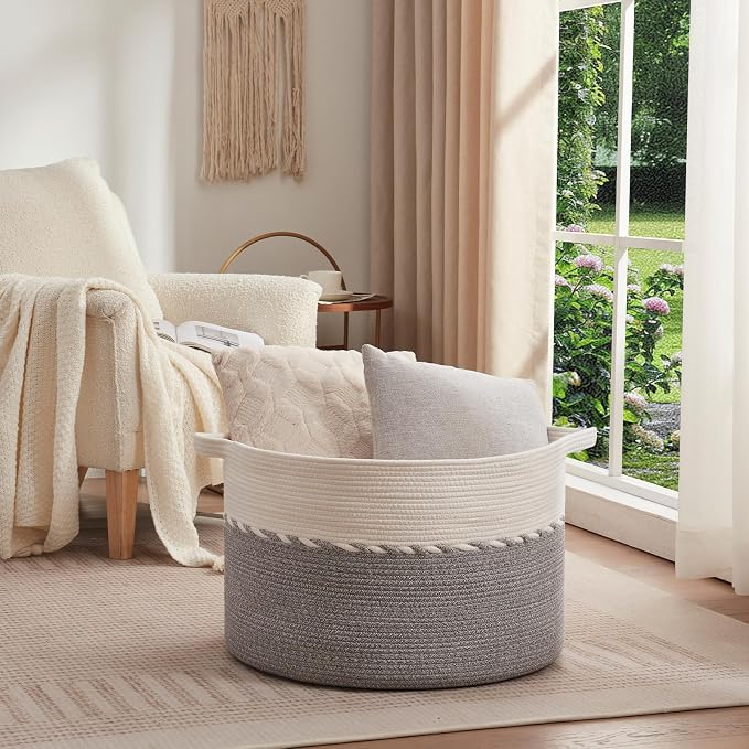 OIAHOMY 125L Extra Large Blanket Basket, 25" x 16", Jumbo Laundry Hamper, Cotton Rope Basket with Handles for Living Room,Baby Toy Basket for Storage, Grey