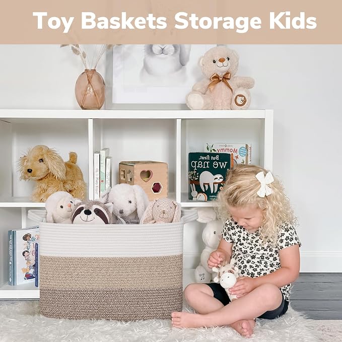Goodpick Large Storage Basket, 18"x14"x12" Cotton Rope Organizer for Blankets, Toy Baskets Storage Kids, Rectangle Woven Basket for Living Room, Bedroom, Gradient Brown