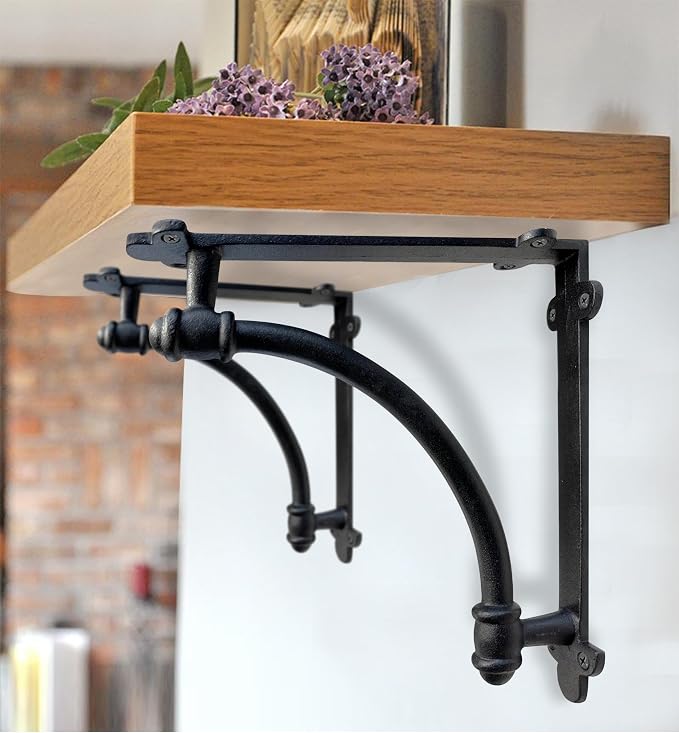 NACH Decorative Shelf Brackets, 2 Pack of 9.6 x 1.7 x 9.6 inch Black Cast Iron Shelf Brackets - Decorative Brackets for Mounting - Industrial Style Brackets