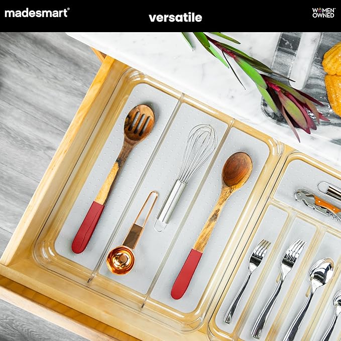 madesmart Premium 3 Compartment Clear Drawer Organizer, Multi-Purpose Storage with Soft Grip Lining & Non Slip Base, Grey