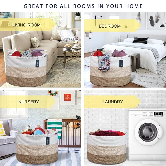 COMSE Extra Large Blanket Basket, Woven Laundry Basket, 21.7”x 13.8”, Nursery Hamper, Cotton Rope Laundry Hamper Living Room for Storage Toys Clothes Towels(White & Gradient Brown)