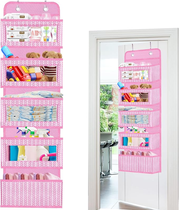 Over The Door Hanging Organizer with 5 Large Pockets - Wall Mount Pantry Storage with 2 Big Metal Hooks for Baby Girl’s Diapers Closet, Bathroom, Nursery, Bedroom, Dorm, Baby, Kids Toys (Pink)