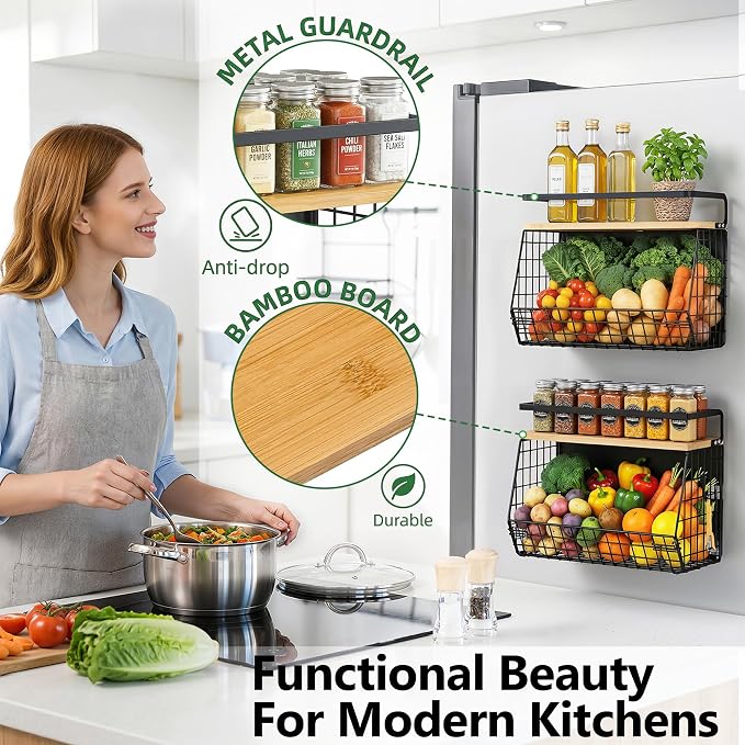 2 Pack Magnetic Spice Storage Rack Organizer for Refrigerator, Magnetic Shelf for Fridge with Wood Lid, Organizer for Kitchen & Laundry, Potato and Onion Storage Bins, Large Container, Strong Magnets