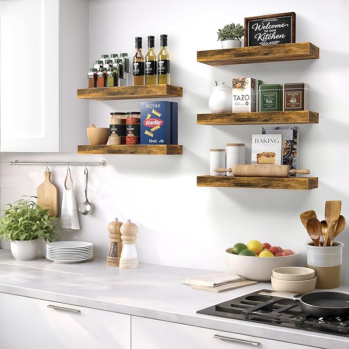 Sorbus Floating Shelves for Wall – 16 Inch Floating Shelf for Kitchen, Bedroom, Living Room, Bathroom, Home & Wall Decor - Mounted Bathroom Shelves with Invisible Brackets (Rustic Brown, 5 Pack)