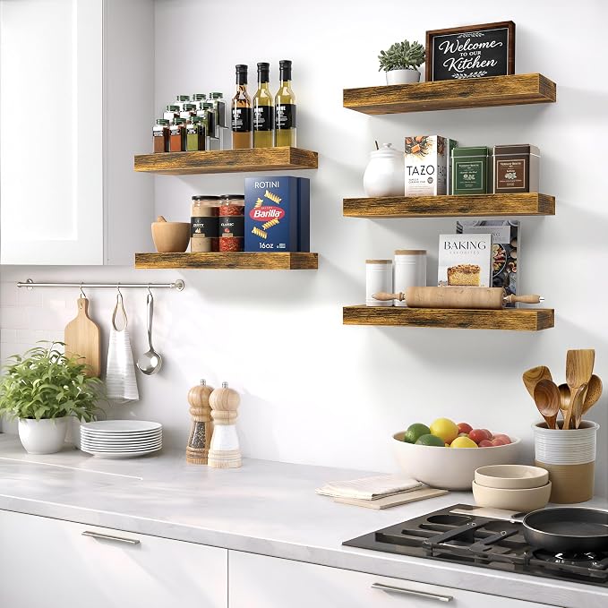 Sorbus Floating Shelves for Wall – 16 Inch Floating Shelf for Kitchen, Bedroom, Living Room, Bathroom, Home & Wall Decor - Mounted Bathroom Shelves with Invisible Brackets (Rustic Brown, 4 Pack)