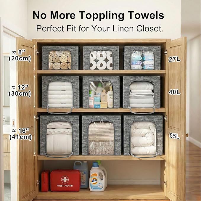 GoMaihe Blanket Storage Bins with Metal Frame, 6-Pack Large Closet Storage Bins with Lid & Clear Window, Comforter Bedding Storage Organizer for Walk-in Closet Cationic Fabric 55L