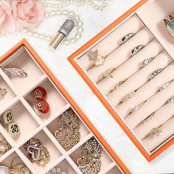 LANDICI Stackable Jewelry Organizer Trays 4 Set,PU Leather Jewelry Organizer Drawer,Jewelry Storage Display Tray for Earring Necklace Rings Bracelet with Removable Dividers,Orange