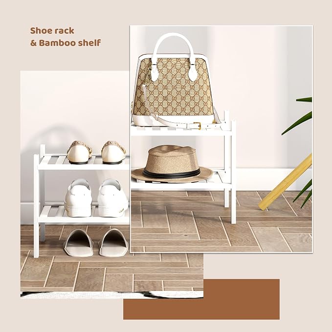 Bamboo Shoe Rack Stackable Shoe Shelf Storage Organizer for Unit Entryway Hallway and Closet Sturdy Freestanding Small Shoe Shelf(2S Tier White)