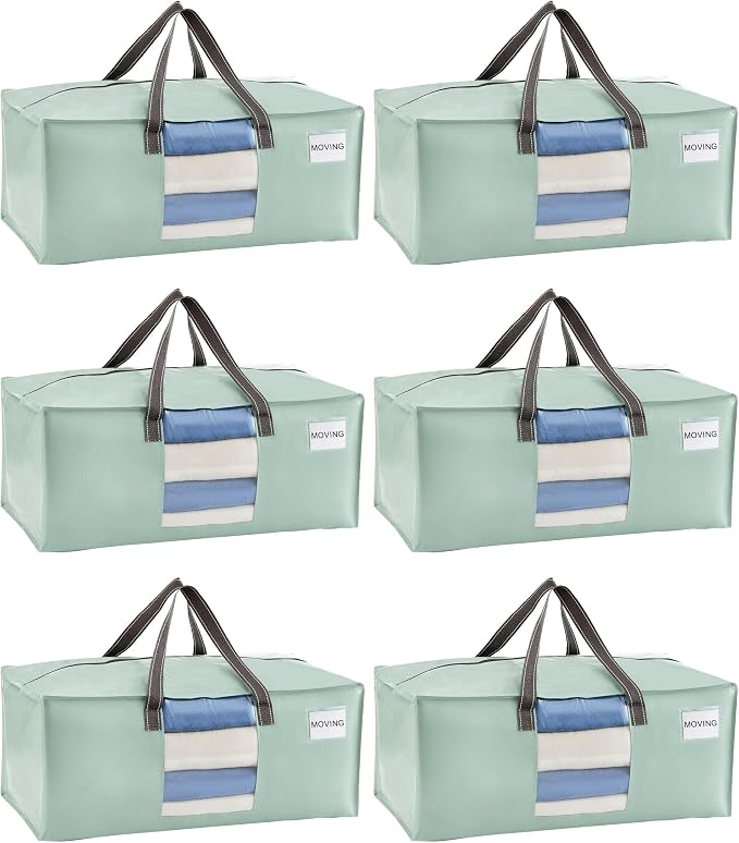 VENO 6 Pack Heavy Duty Moving Bags, Packing Bags with Clear Window, Alternative to Moving Boxes, Storage Bins for Clothes, Blankets, Comforters, College Dorm Essentials (Shiny Light Green, 6 Pack)