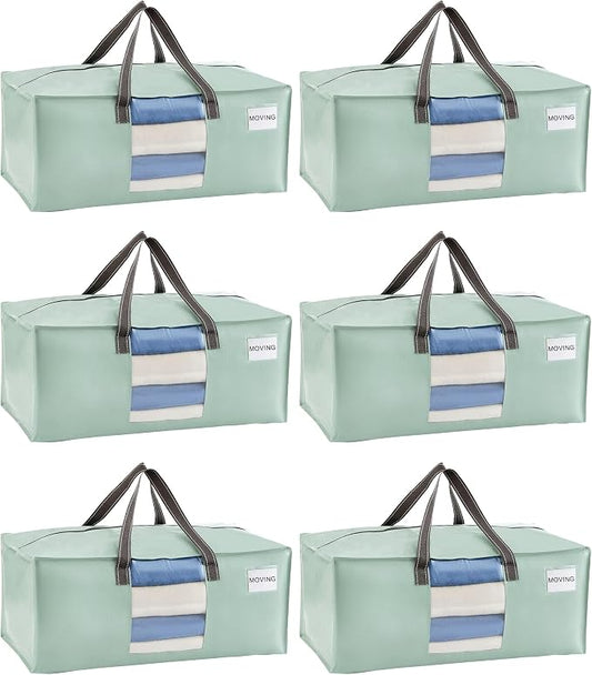 VENO 6 Pack Heavy Duty Moving Bags, Packing Bags with Clear Window, Alternative to Moving Boxes, Storage Bins for Clothes, Blankets, Comforters, College Dorm Essentials (Shiny Light Green, 6 Pack)