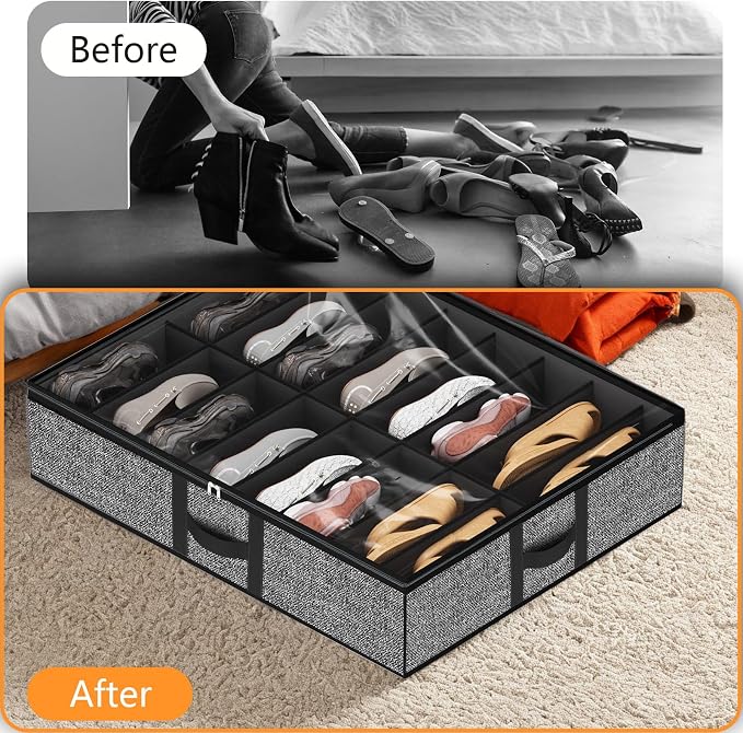 homyfort Under Bed Shoe Storage Organizer Fits 16 Pairs Shoes and 4 Pairs Boots, Underbed Shoe Storage Boxes Bins, Organizador De Zapatos, Extra Large Zapateras Organizer for closet, Black, Set of 2