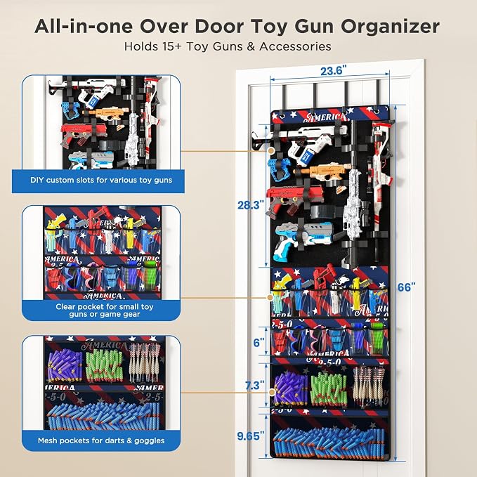 Over the Door Organizer for Toy Guns, Toys Storage Door Hanger with Pockets and Slots for Kids Foam Blasters, Darts, Goggles, Over Door Toys Storage Organizer, for Kids Rooms, Game Rooms, Blue Red