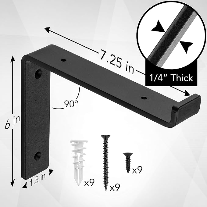 Heavy-Duty Shelf Brackets - Premium Construction Grade 1/4" (6mm) Thick Steel - Matte Black Iron Finish for Modern Farmhouse Rustic Open Shelving w/ Hardware, 4-Pack - (L Bracket w/ Lip, 7.25" x 6")
